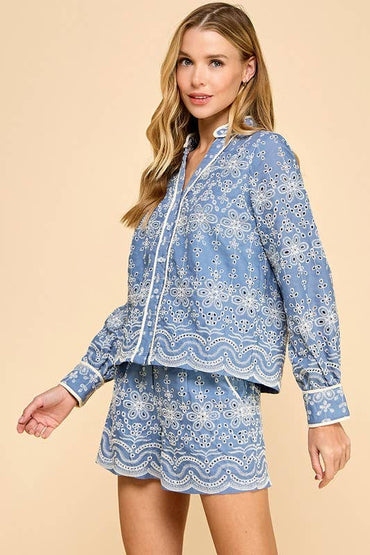 Embroidered Eyelet Button Down Shirt