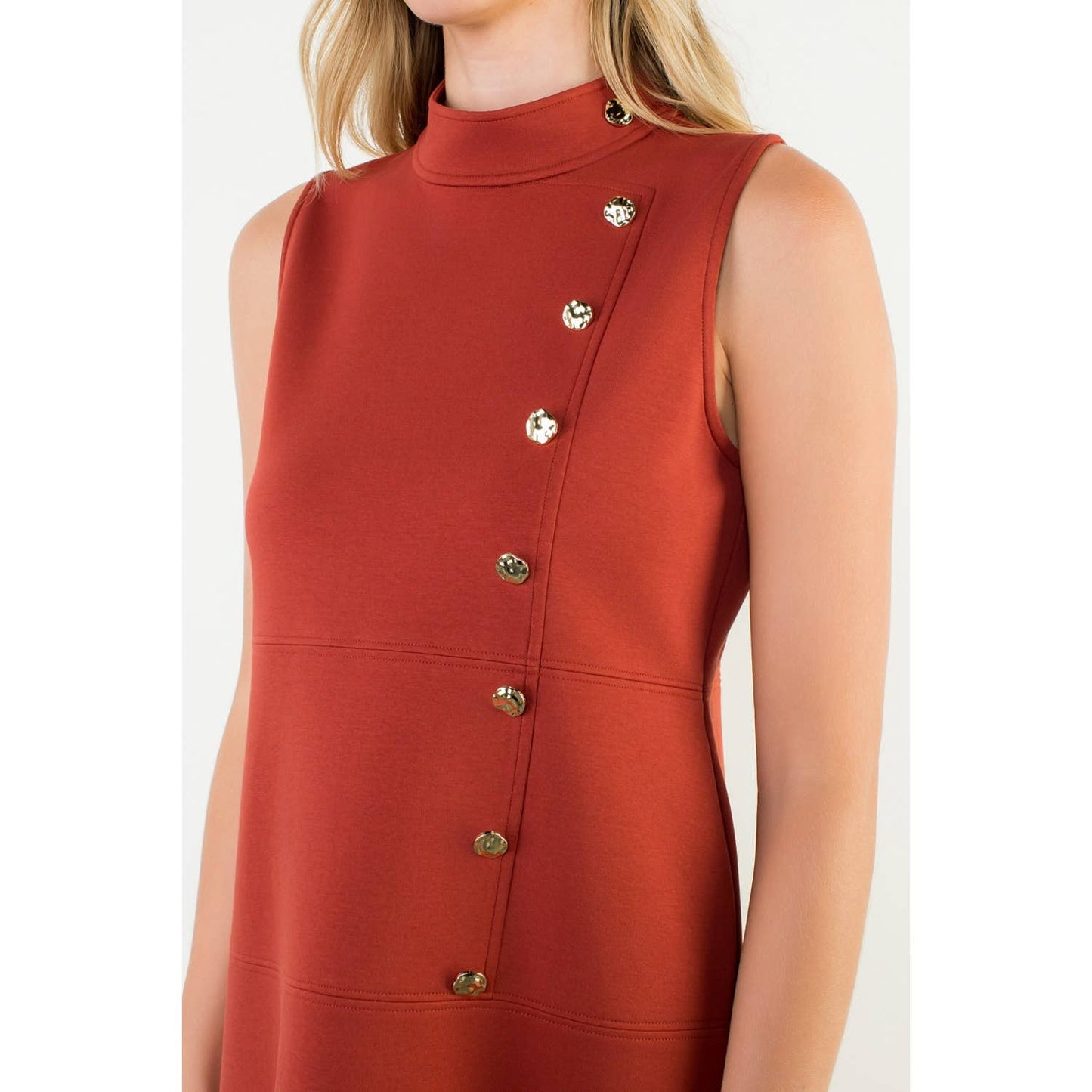 Button Detail High Neck Sleeveless Dress