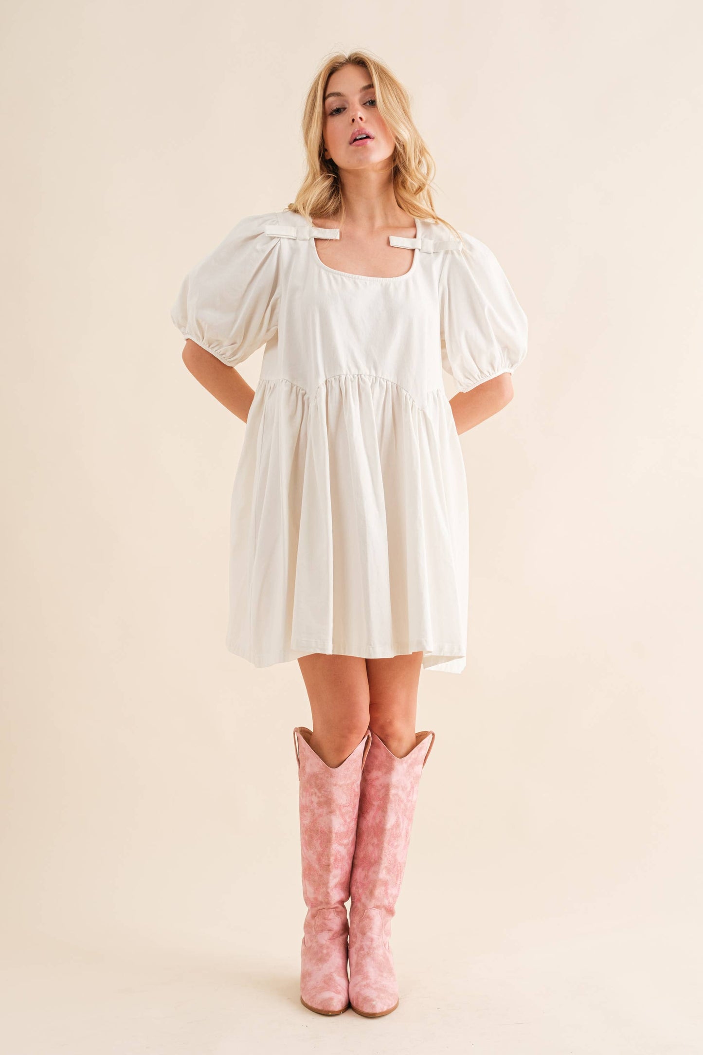 Puff Pleated Bow Tie Babydoll Dress