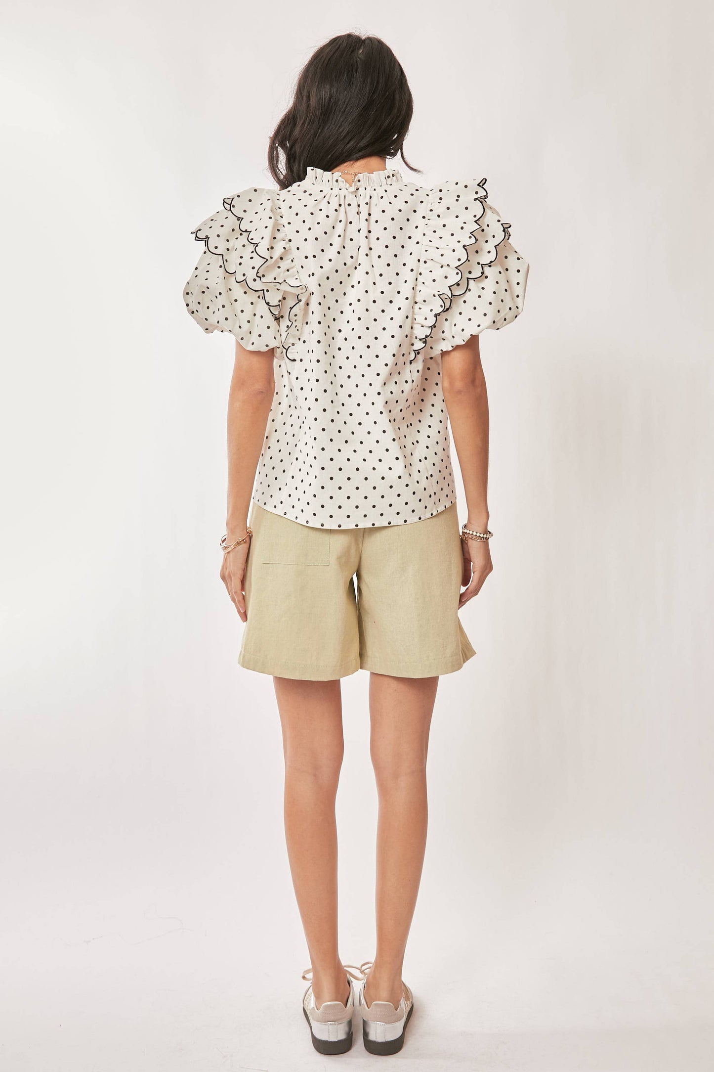 Polka Dot Contrast Ruffle Puff Sleeve Blouse