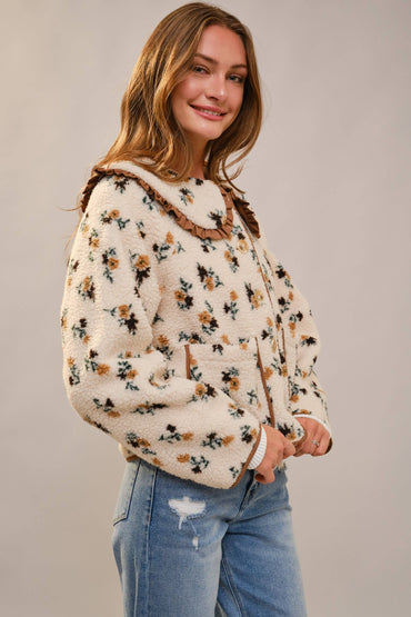Floral Ruffle Collar Sherpa Jacket