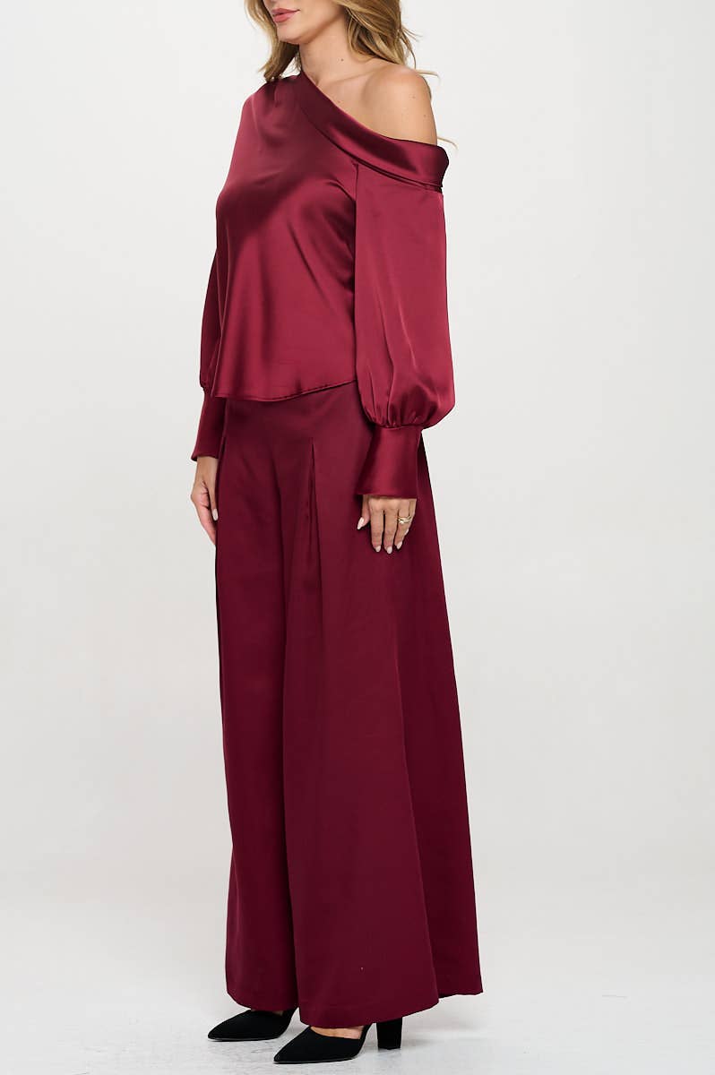 Dropped Shoulder Long Sleeve Satin Top