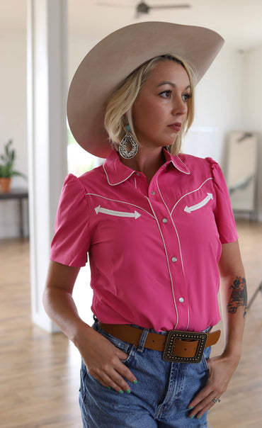 Hot Pink Short Sleeve Pearl Snap Western Blouse