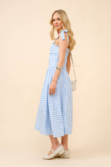 Gingham Tie Shoulder Midi Dress