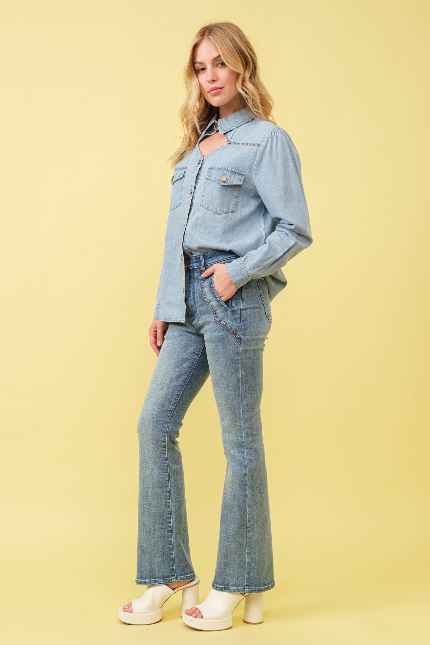 Chambray Cut Out Studded Collard Shirt Blouse
