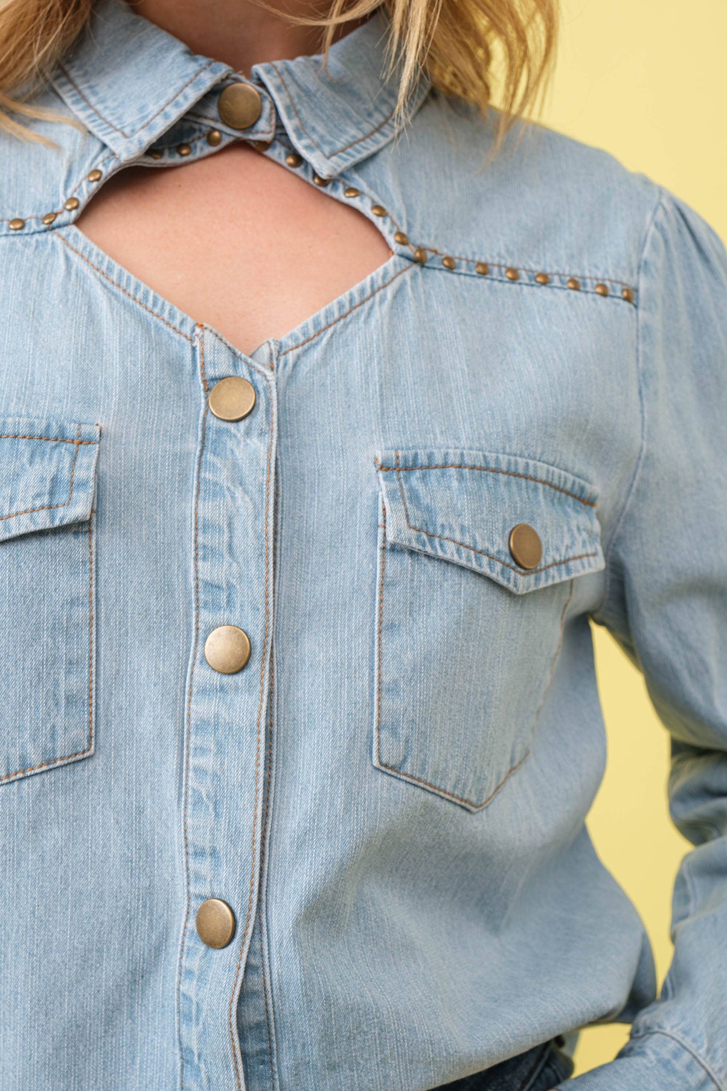 Chambray Cut Out Studded Collard Shirt Blouse