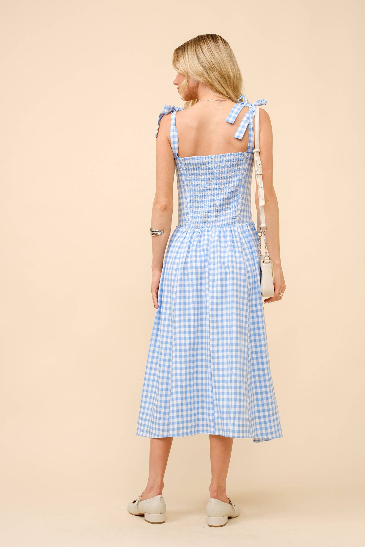 Gingham Tie Shoulder Midi Dress