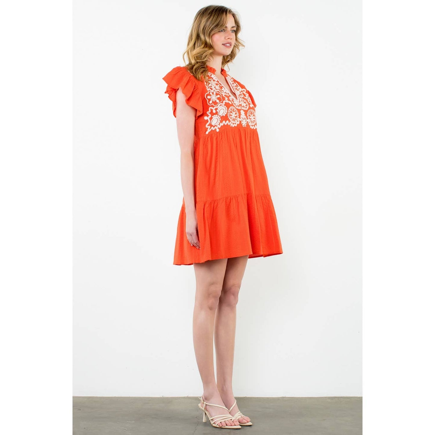 Embroidered Flutter Sleeve Mini Dress