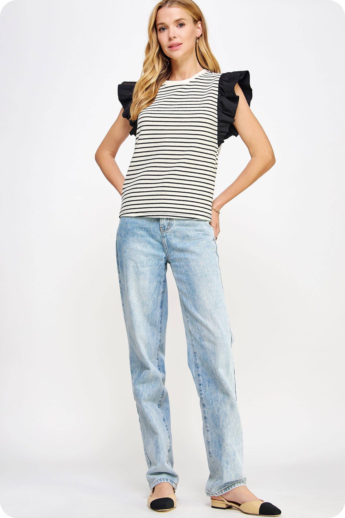 Mixed Media Stripe Top-stitch Knit Top