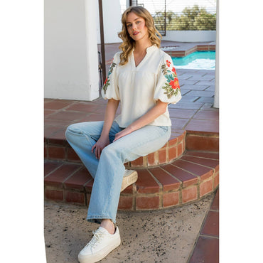 Embroidered Puff Sleeve Top