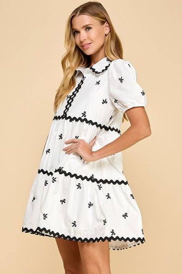 Embroidered Bow Printed Shirt Dress