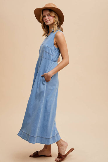 Collared Denim Flare Midi Dress