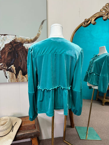 Turquoise Velvet Long Sleeve Peplum Top