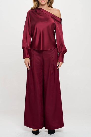 Dropped Shoulder Long Sleeve Satin Top