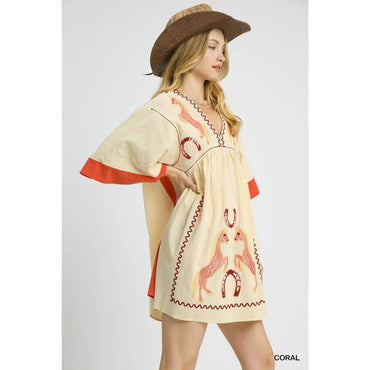 Western Horse Embroidered V Neck Babydoll Dress
