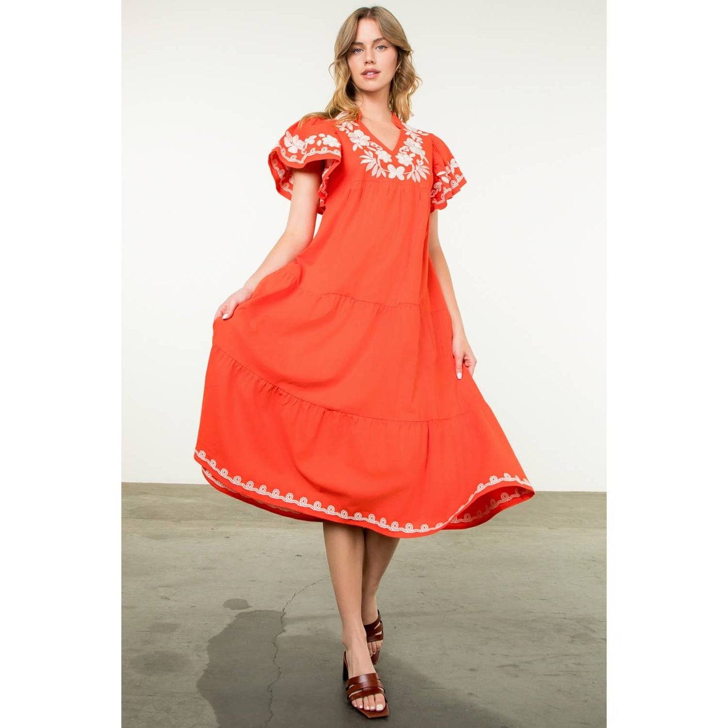 Flutter Sleeve Embroidered Dress