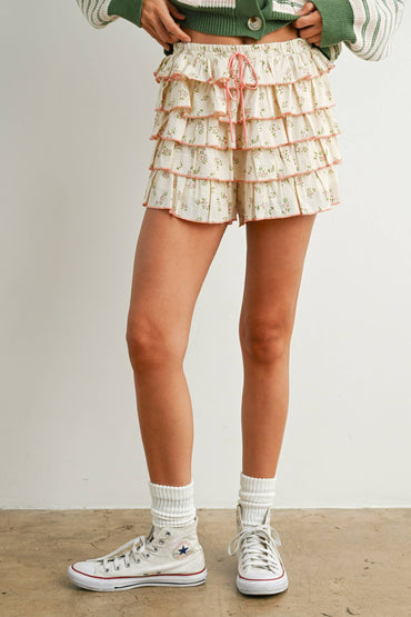 Tiered Ruffled Floral-Printed Mini Skort