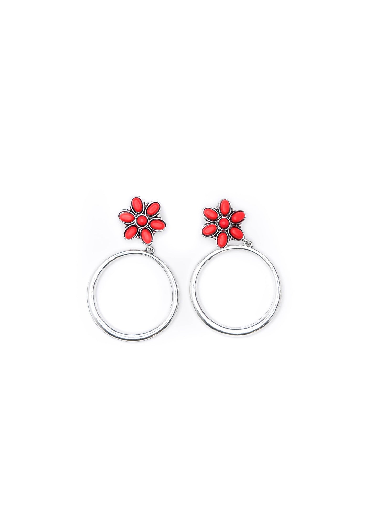 West & Co. Silver Hoop Earring w/ Red Flower