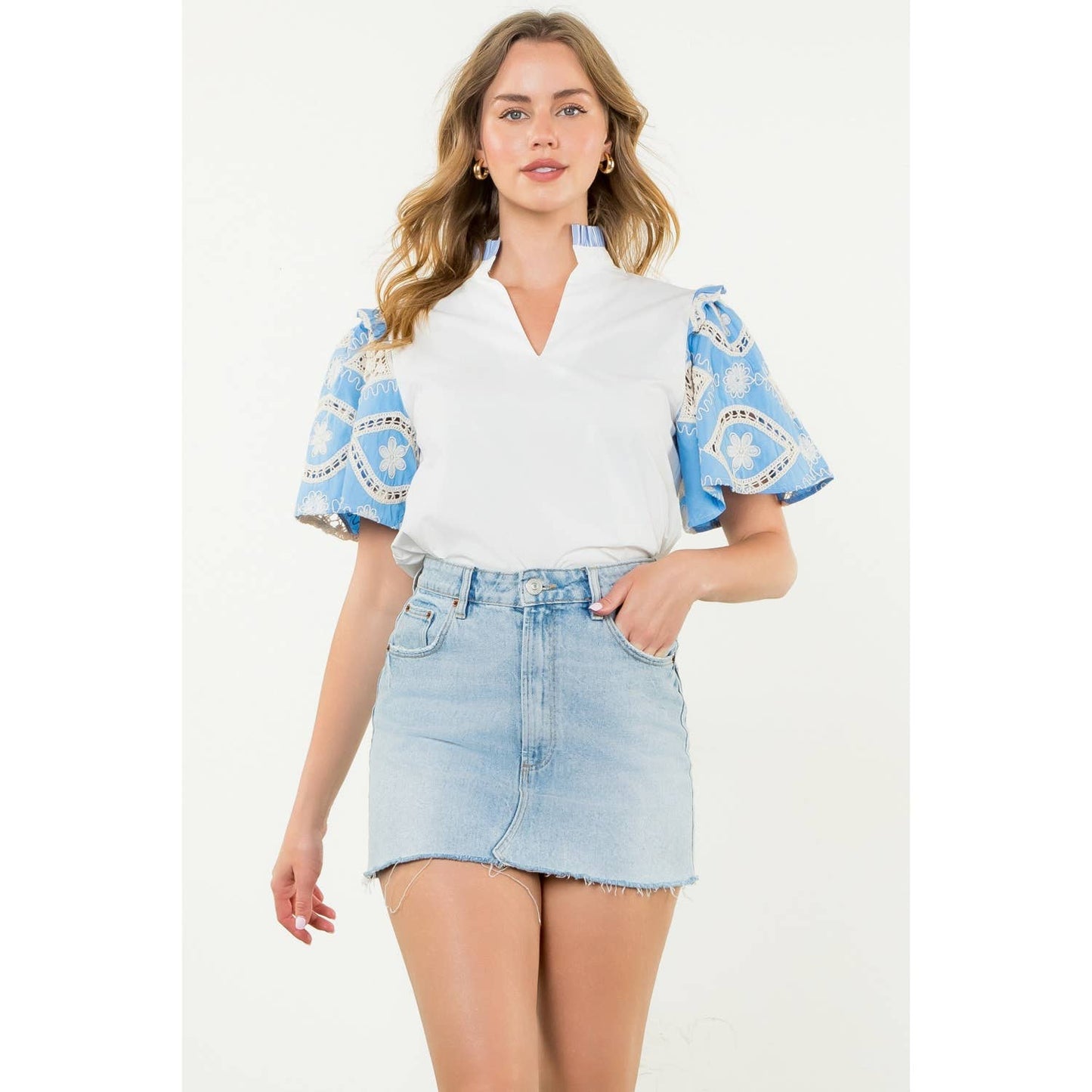 Embroidered Sleeve Poplin Top