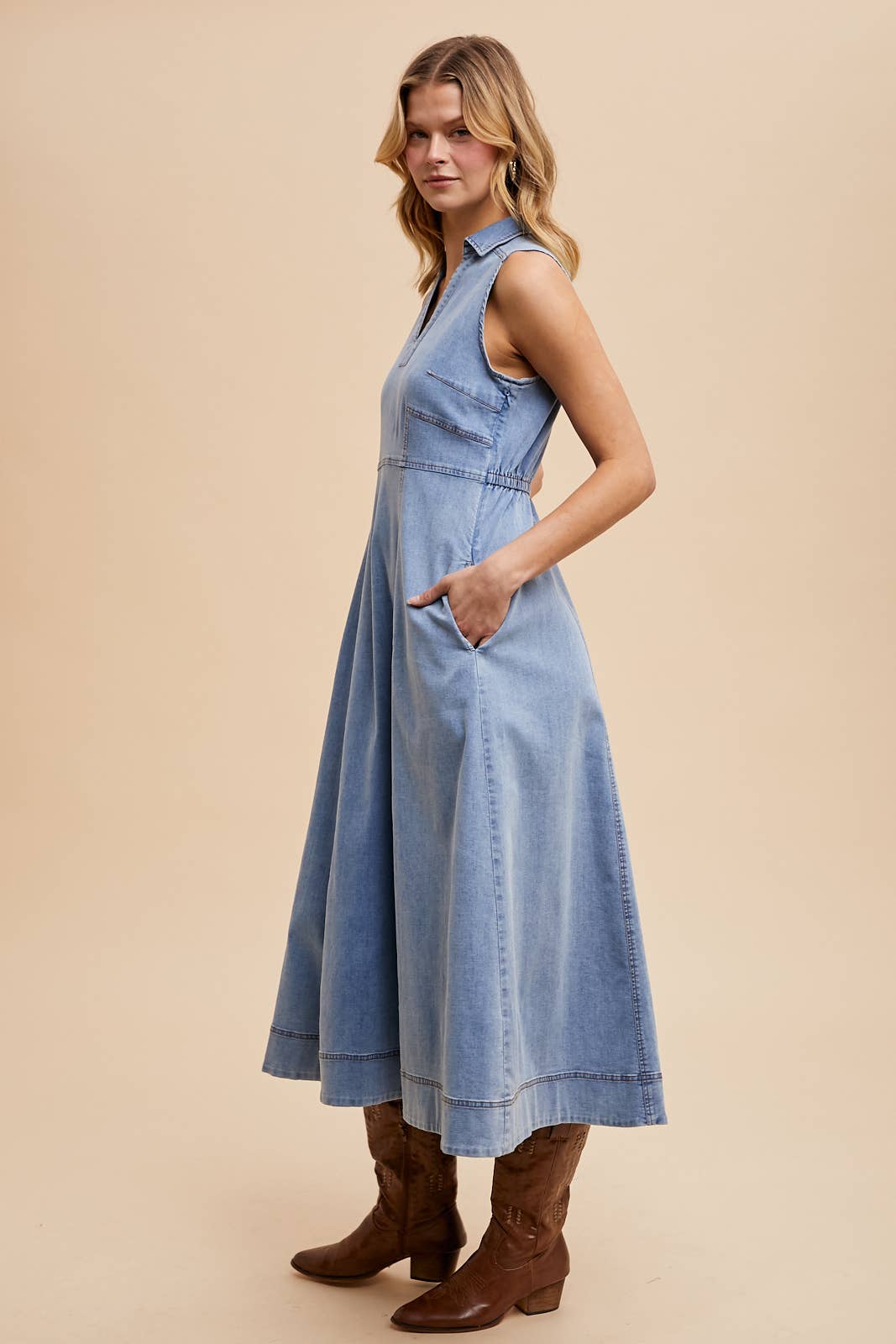 Collared Denim Flare Midi Dress
