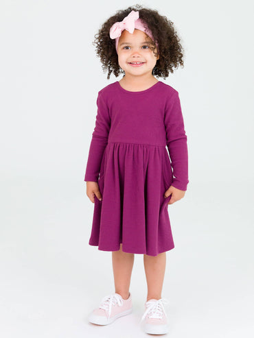 Girls Purple Waffle Knit Long Sleeve Dress