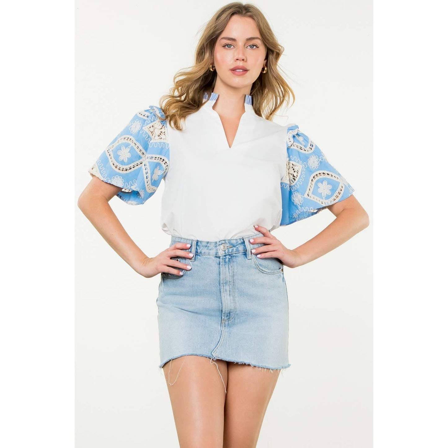 Embroidered Sleeve Poplin Top