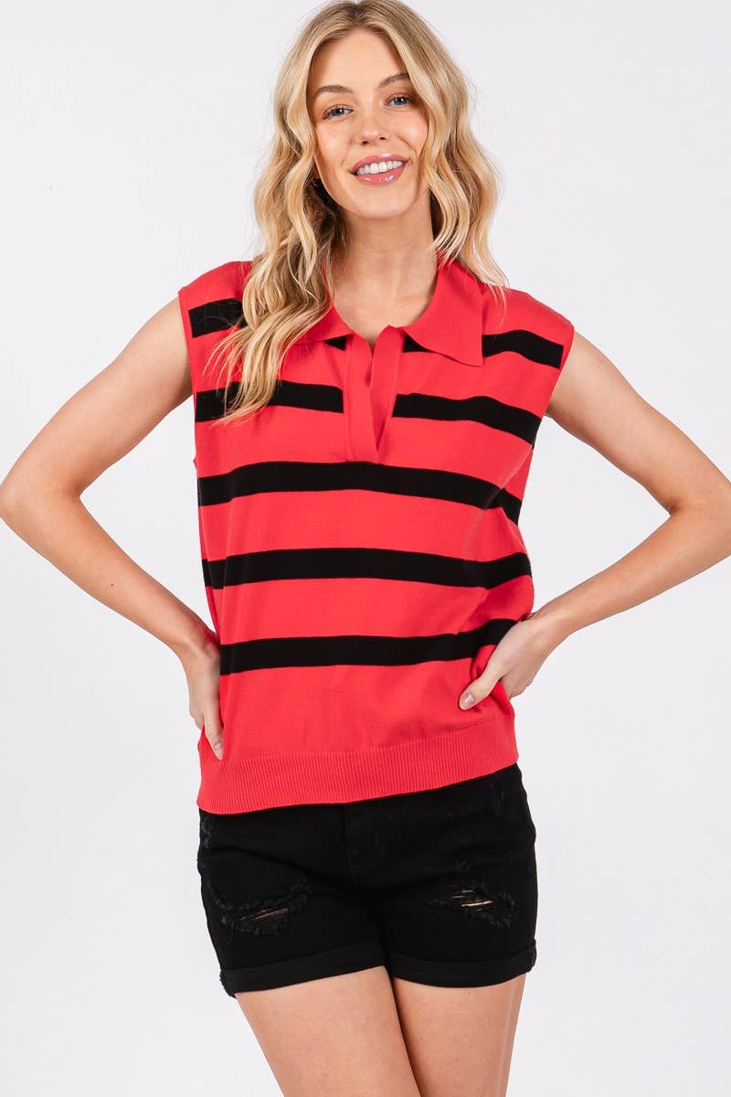 Collared Striped Sleeveless Sweater Top