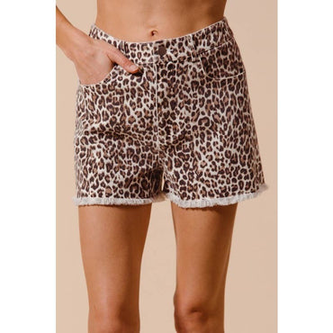 WASHED LEOPARD TWILL SHORTS WITH FRAYED HEM
