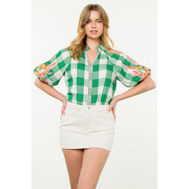 Embroidered Puff Sleeve Plaid Top