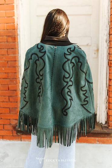 Teal Suede Black Embroidered Bootstitch Fringe Cape
