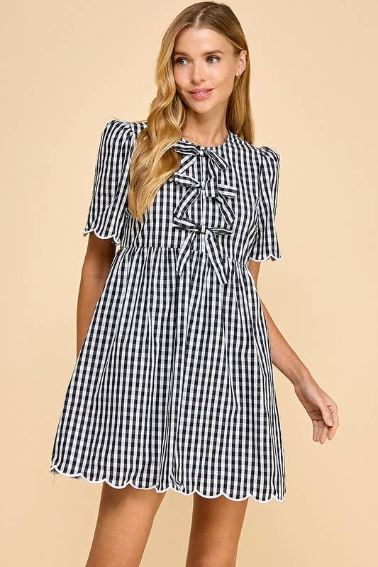 Plaid Front Bow Accent Short Sleeve Dress