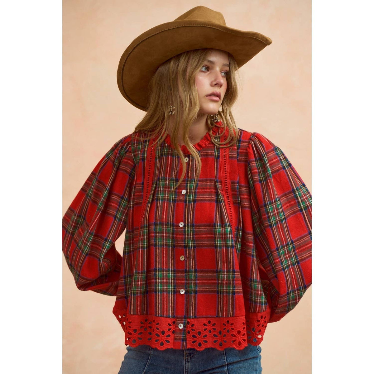 Christmas Plaid Button Down Blouse
