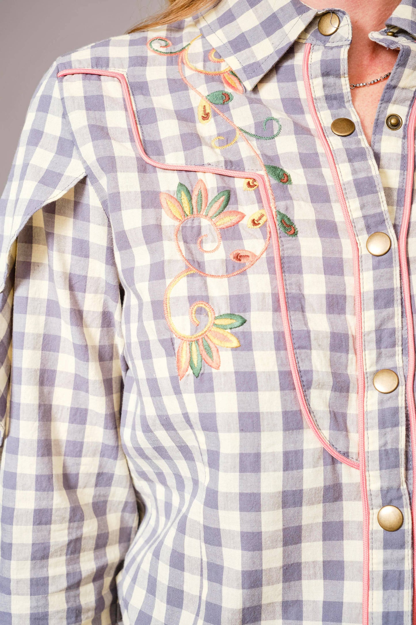 Gingham Embroidered Western Snap Blouse