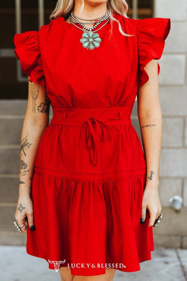 Red Short Sleeve Ruffle Western Dress