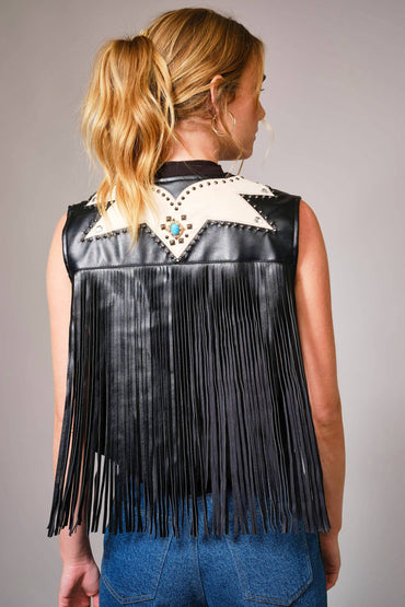 Faux Leather Fringe Studded Western Vest
