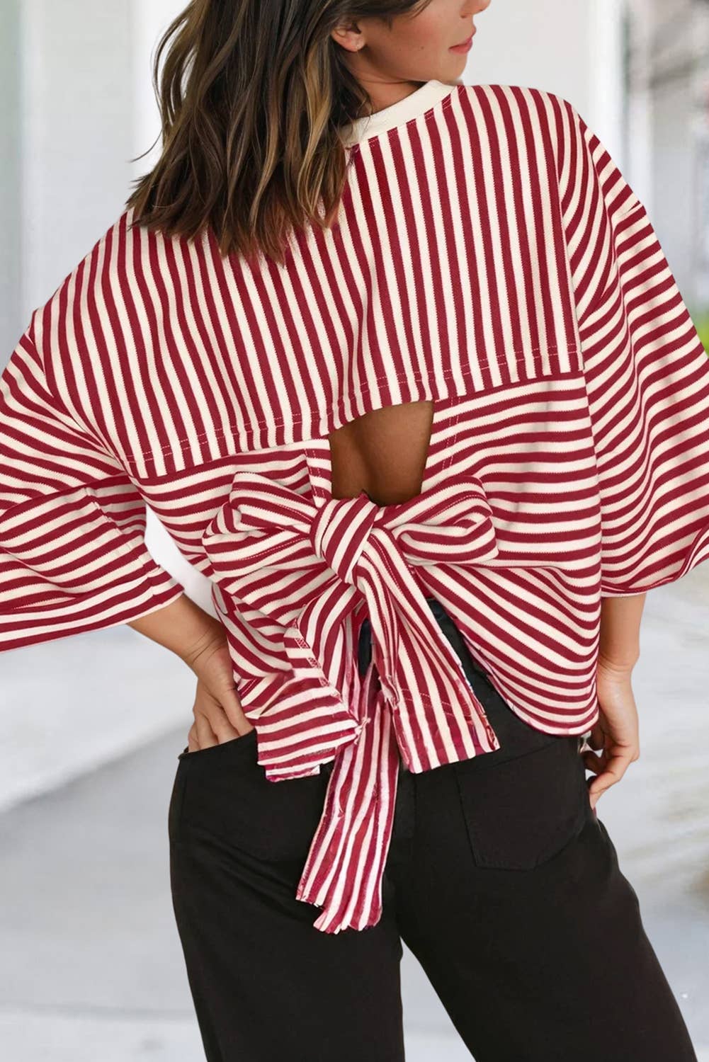 Striped Tied Bow Back Drop Shoulder Tee