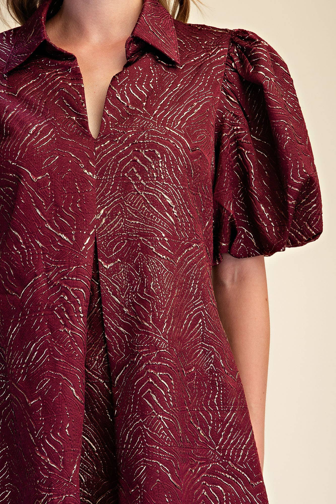 Puff Sleeve Pleated Lurex Midi Dress