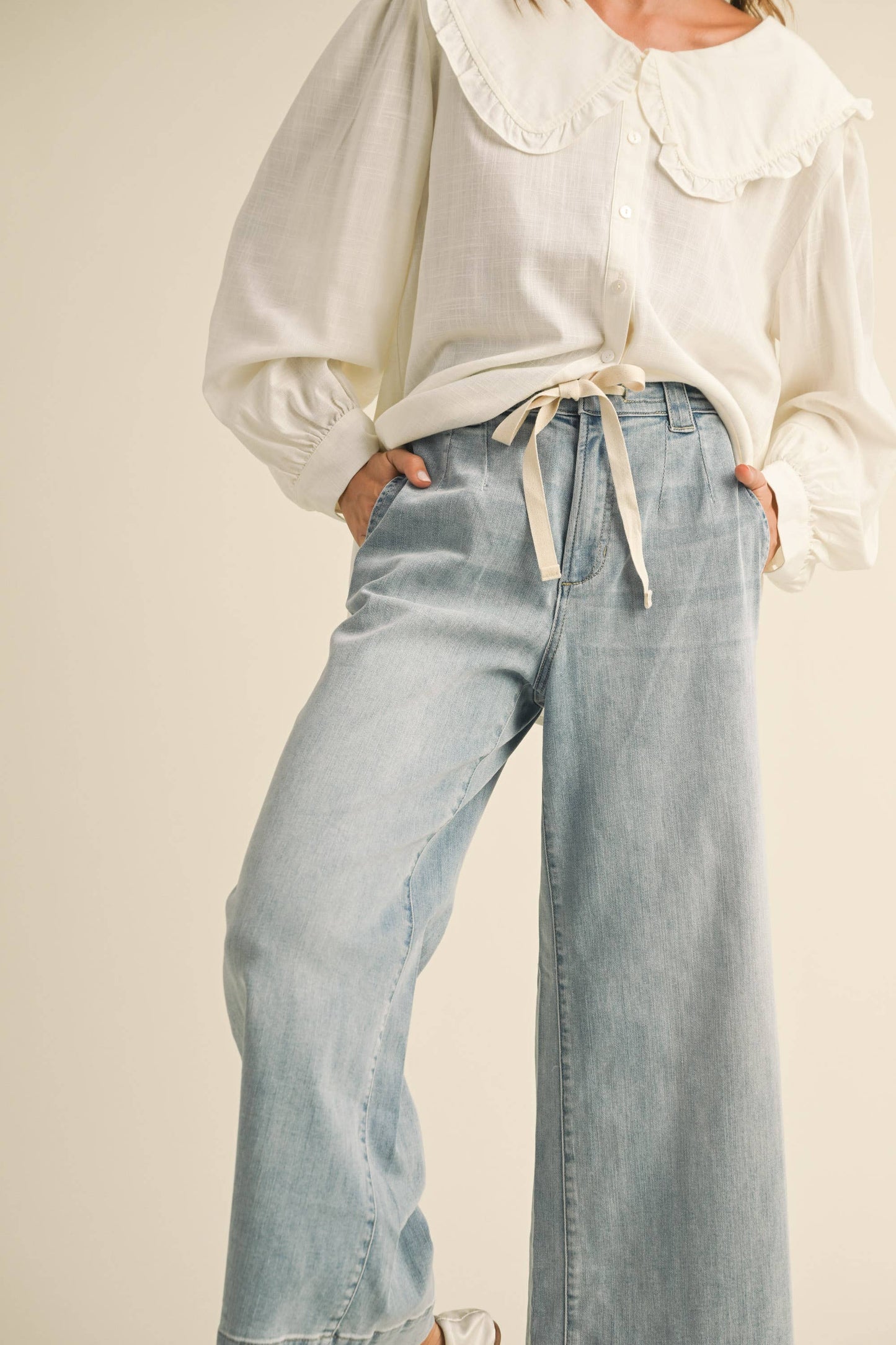 Tie Front Washed Denim Pants
