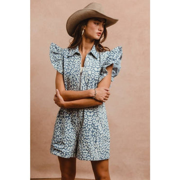 LEOPARD PRINT DENIM RUFFLE SLEEVES ROMPER