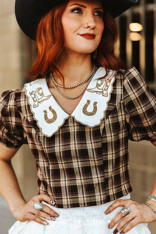 Brown Plaid Puff Sleeve Collar Blouse