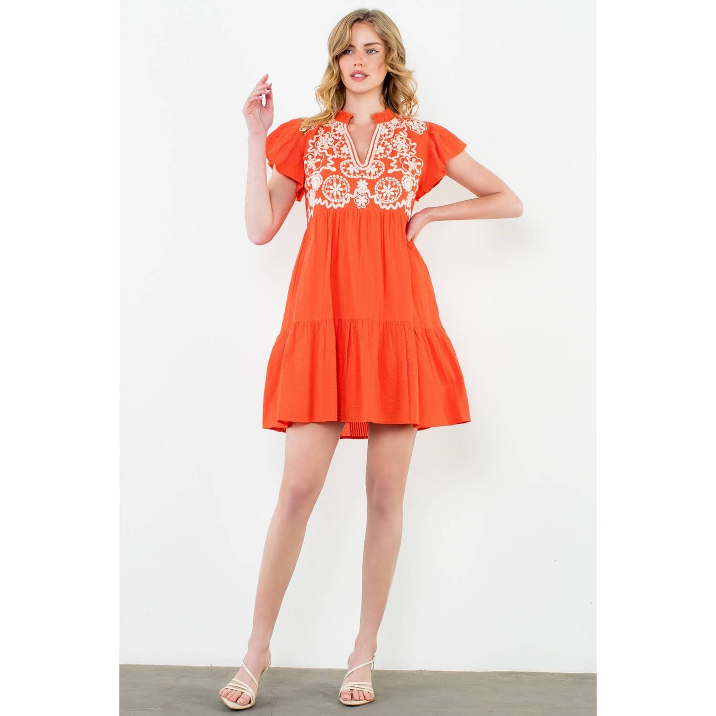 Embroidered Flutter Sleeve Mini Dress