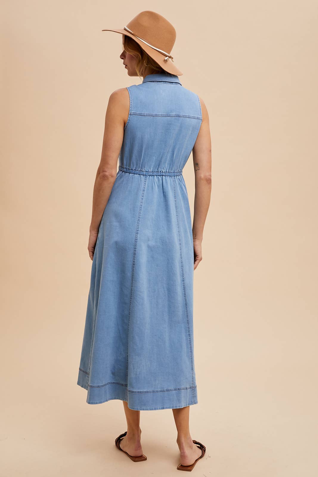 Collared Denim Flare Midi Dress
