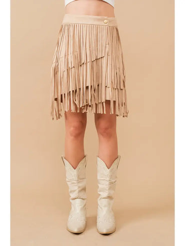 Faux Suede Fringe Skirt Beige