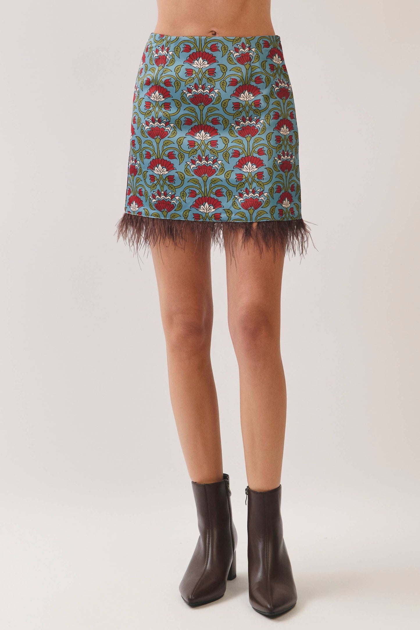 TCEC Floral Print Feather Trim Mini Skirt