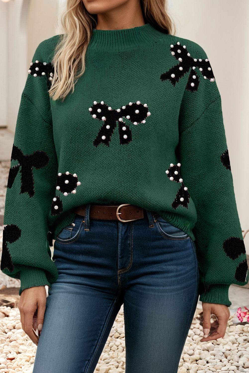 Pearl Embellished Bow Pattern Loose Sweater