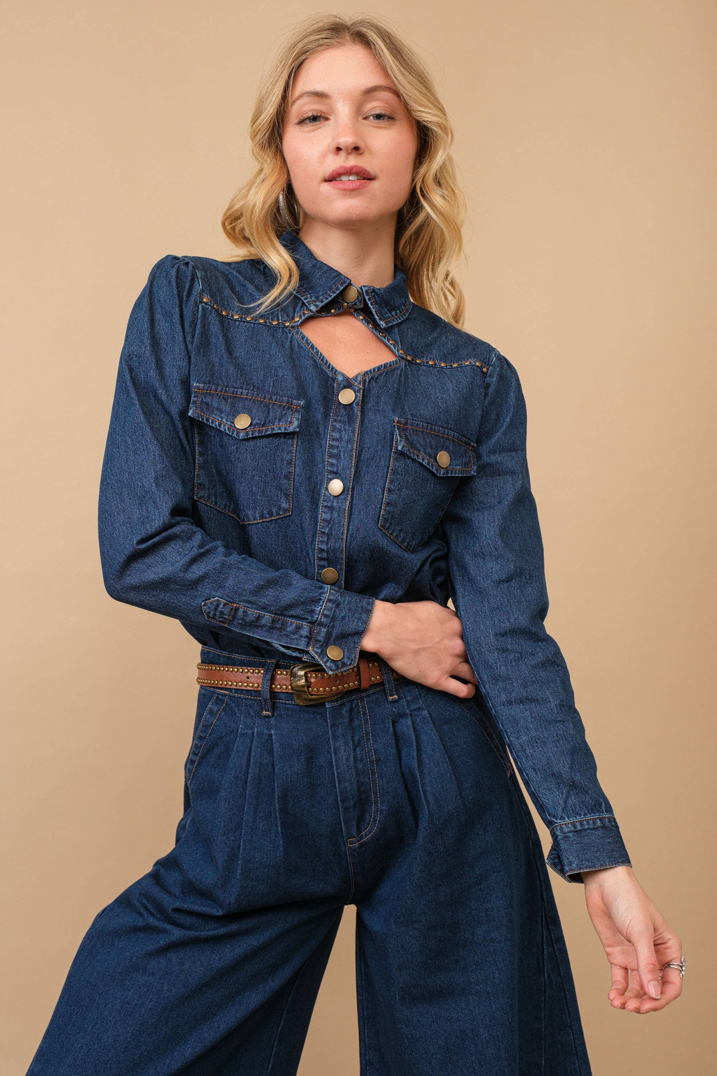 Chambray Cut Out Studded Collard Shirt Blouse