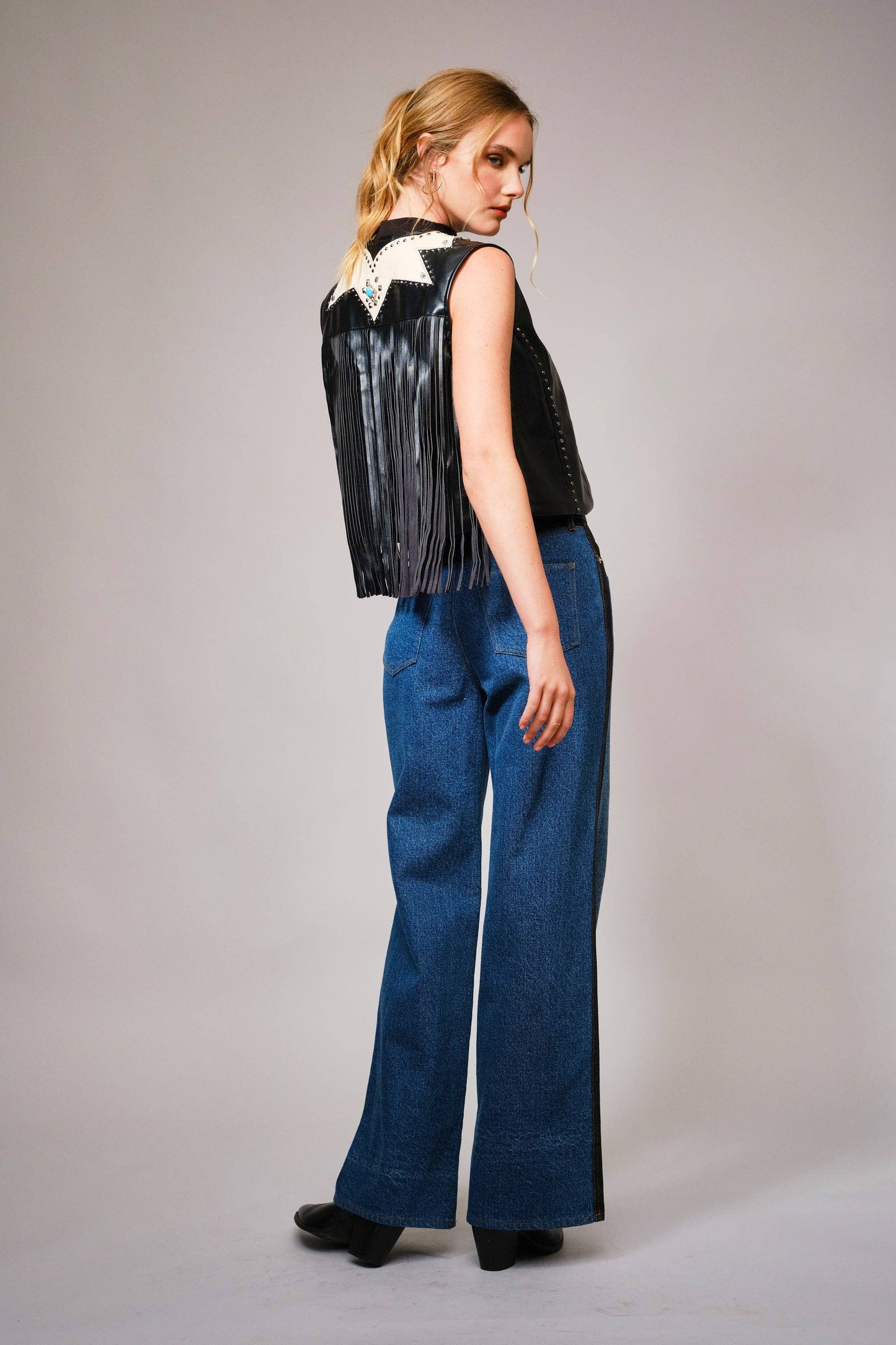 Faux Leather Fringe Studded Western Vest