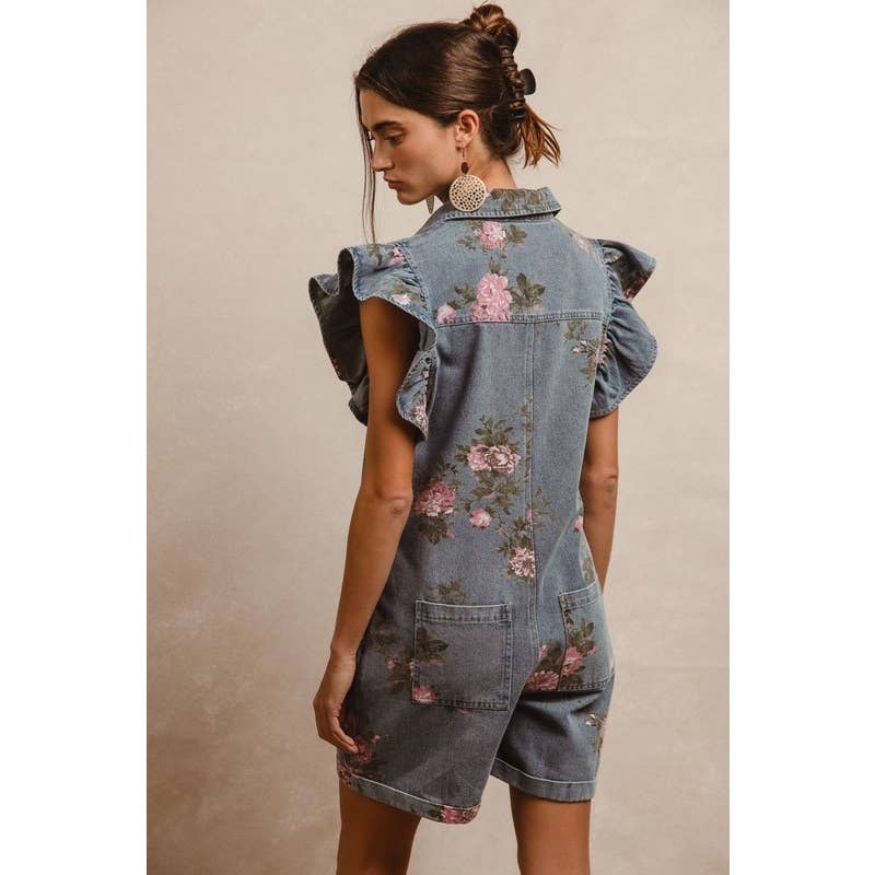 FLORAL PRINT DENIM FLUTTER SLEEVES ROMPER