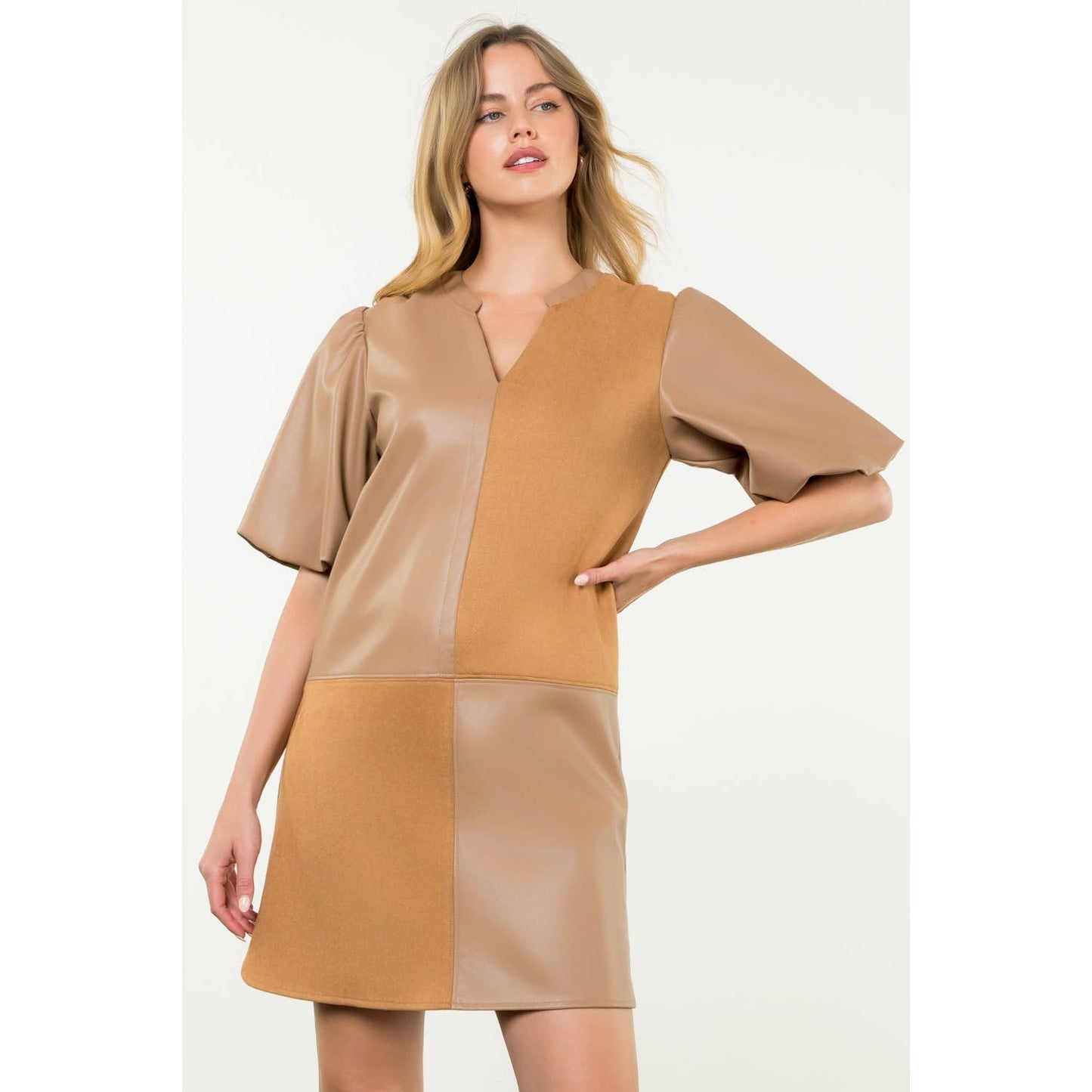 Mixed Media Puff Sleeve Dress