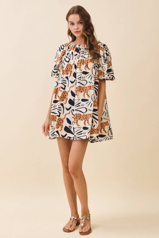 Leopard Print Gathered Round Neck Mini Dress